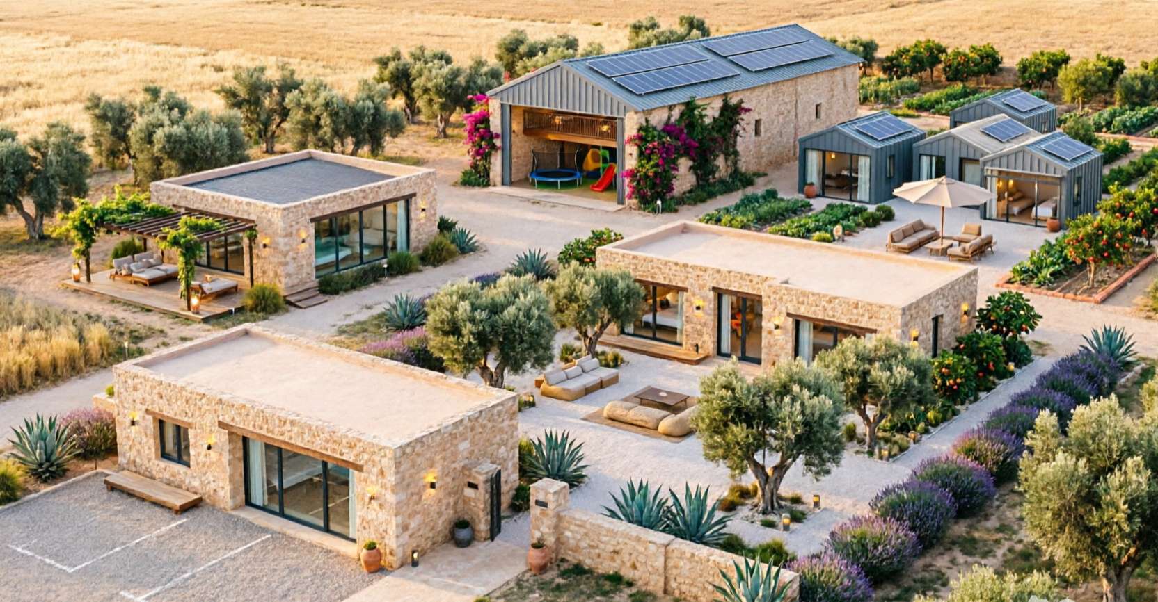 OLEA CASA Eco-Lodge aerial view at sunset